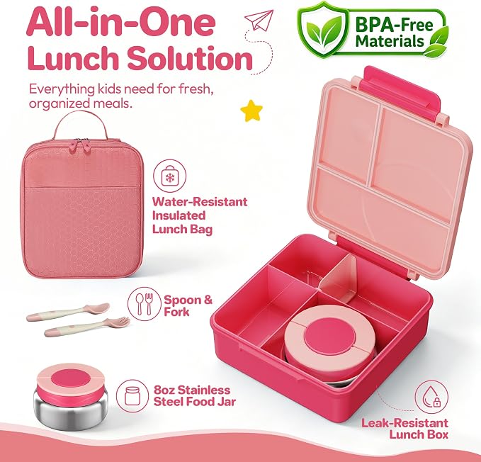 Bento Lunch Box Set for Kids with 8oz Soup Thermo, Leak-Proof Lunch Containers with 4 Compartment, Kids Thermo Hot Food Jar and Insulated Lunch Bag for Kid to School-Pink