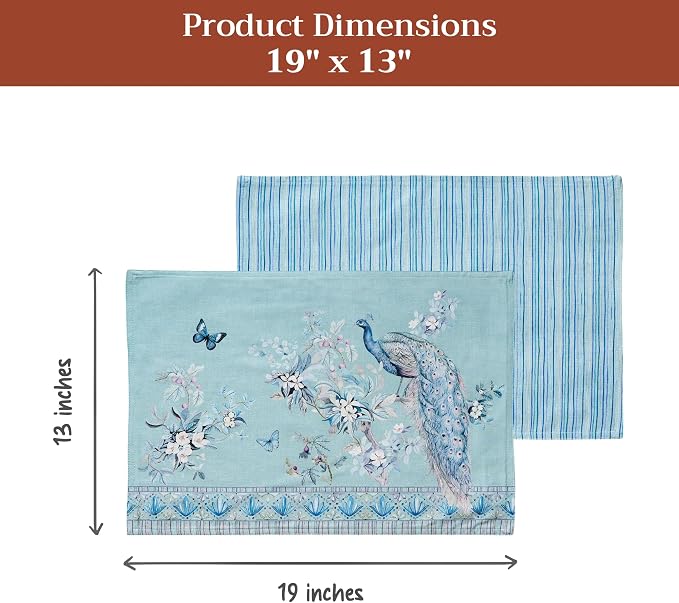 Maison d' Hermine Placemats Set of 4 Reusable 100% Combed Cotton (13"x19") | Cloth Place Mats Washable Table Mats for Kitchen Dining Home Restaurant Spring Summer - Peacock Utopia - Pastel Turquoise