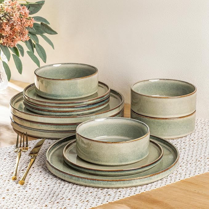 AmorArc Ceramic Dinnerware Sets for 4,12 Piece Plates and Bowls Sets Dishes | Stoneware Handmade Reactive Glaze Dishes Set | Highly Chip and Crack Resistant | Dishwasher & Microwave Safe