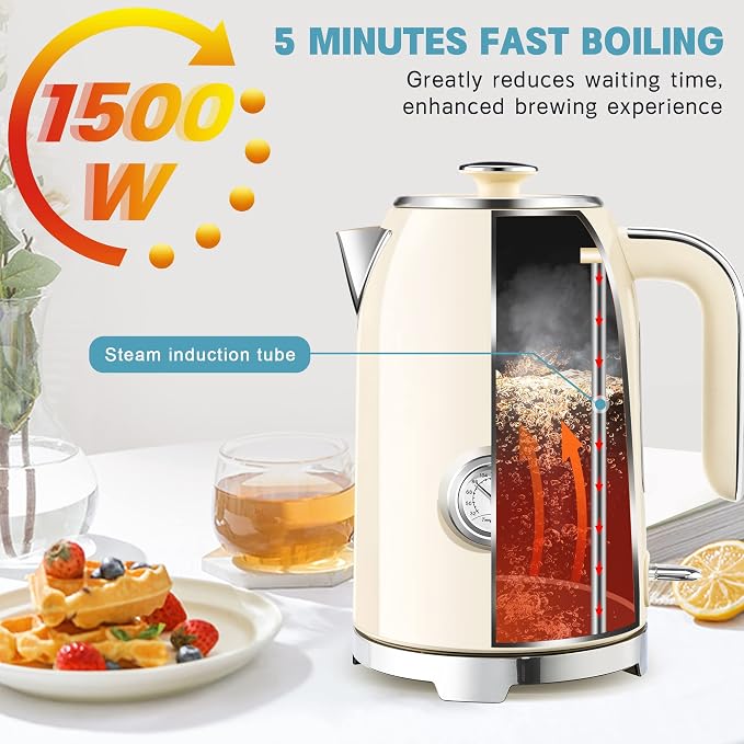 SUSTEAS 57oz Electric Kettle with Thermometer, Hot Water Pot, Beige | Electric Tea Kettle for Boiling Water, 1500W Stainless Steel Pot, Cordless LED Indicator, Auto Shut-Off & Boil Dry Protection