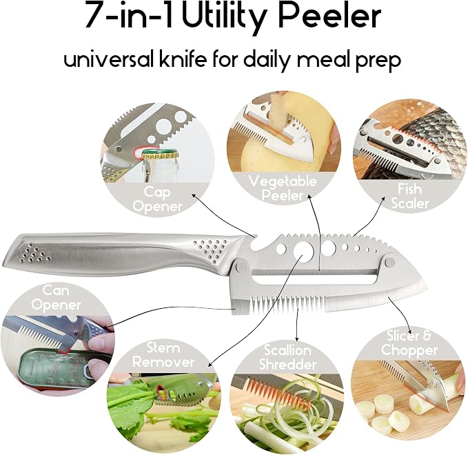 7IN1 Utility Peeler & Shredder with Seamless Steel Handle | Multi-Function Vegetable Peeler Shredder Slicer Stem Remover Fish Scaler Lid & Can Opener, Dishwasher Safe, Right Hand Only