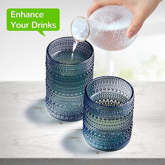 Vintage Hobnail Drinking Glasses Set of 12-14 oz Old Fashioned Glass Cups & 11 oz Cocktail Glasses, Aesthetic Kitchen Bar Tumbler Glassware Gifts Sets, Blue (12Pcs Blue XL)