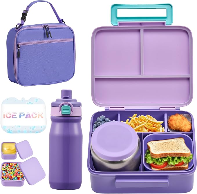 Bento Lunch Box for Kids with 8oz Soup Thermo, Leak-proof Lunch Food Containers with 5 Compartment, Insulated Lunch Bag & 17oz Stainless Steel Water Bottle for School, Trvael