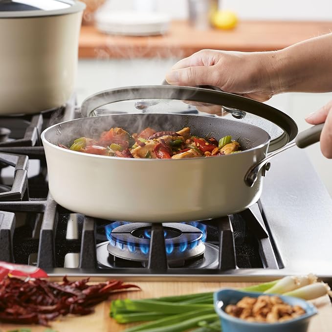 Rachael Ray Cook + Create Nonstick Sauté Pan with Lid, 3 Quart - Almond