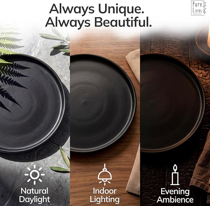 24 Piece Black Dinnerware Set for 8 | Matte Black Plates and Bowls Sets, Modern Stoneware Black Dishes Set | Scratch Resistant, Dishwasher & Microwave Safe | Matte Black Finish Ultra-Chic & Modern