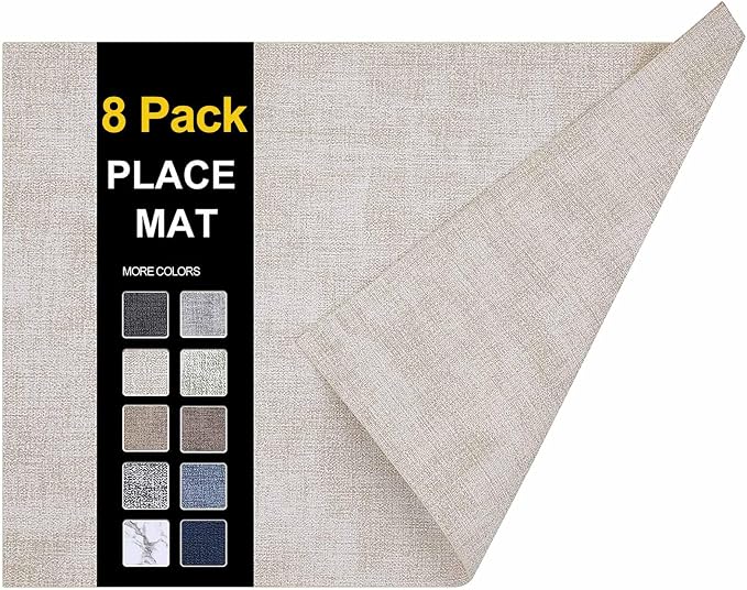 Faux Leather Heat Resistant Placemats 8 Packs, Waterproof Wipeable Dining PU Place Mats for Indoor & Outdoor, Easy to Clean, Beige