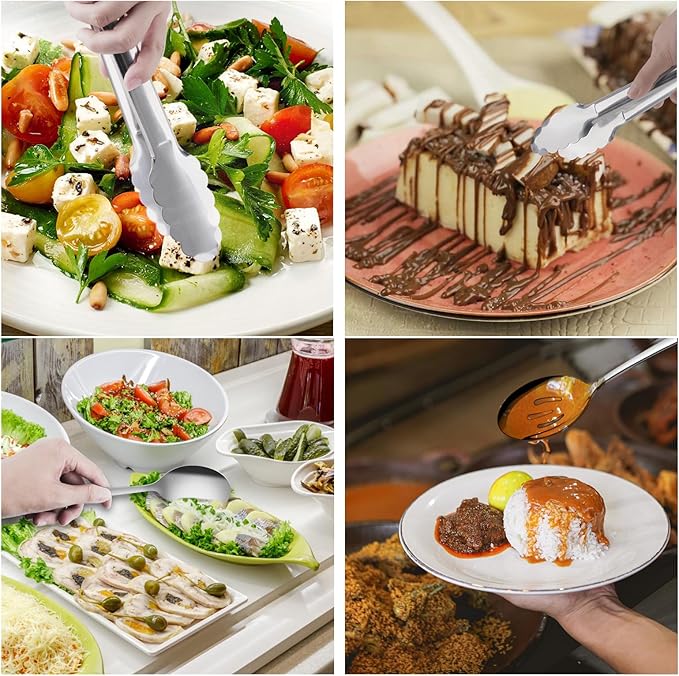 Serving Utensils,XEVOM 6-Piece Stainless Steel Serving Utensil Set Silver | Include Serving Spoon, Slotted Serving Spoon, Serving Fork,Serving Tong, Appetizers Tong,Pie Server,dishwasher safe