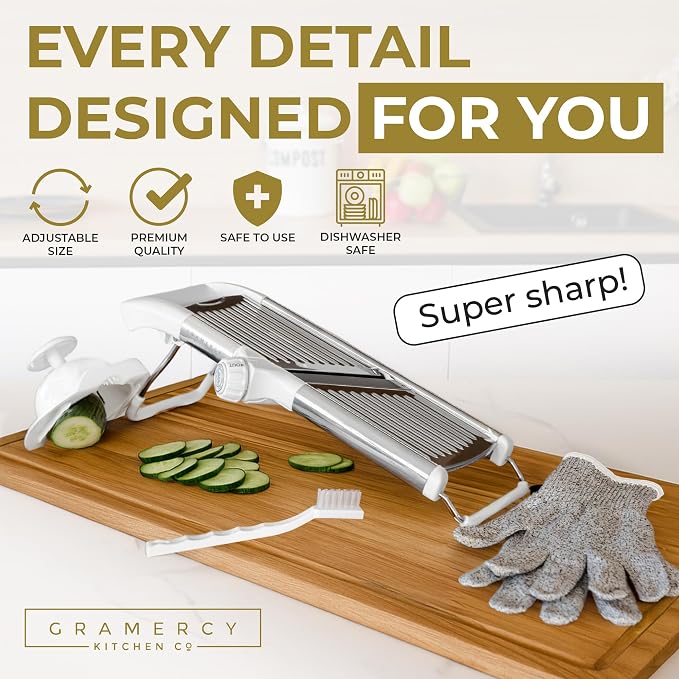 Gramercy Adjustable Mandoline Food Slicer, Mandoline Slicer for Kitchen, Mandolin, Potato, Tomato, Carrot, Vegetable, Fruit and Onion Cutter, Stainless Steel, INCLUDING Cut-Resistant Gloves, White PRO