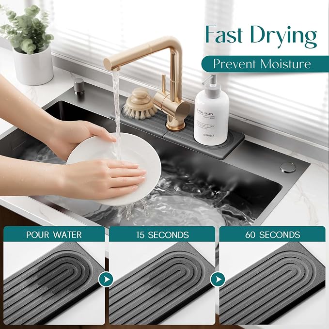 Faucet Mat for Kitchen Sink - Wider Diatomite Fast Drying Stone Sink Tray, Super Absorbent, Prevents Moisture Buildup - Faucet Splash Guard for Bathroom Counter (Dark Grey, 15x5.3inch)