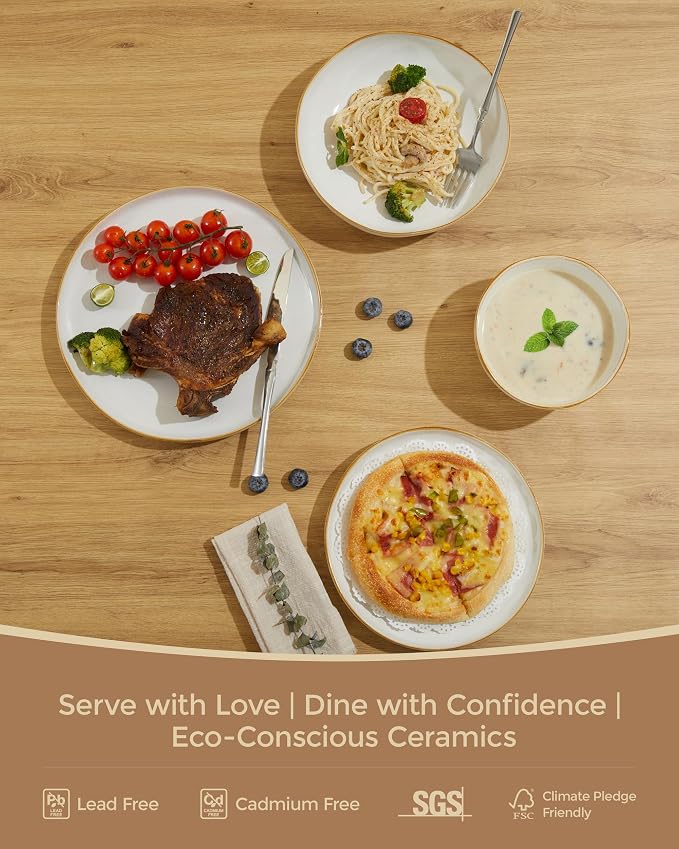 24 Pieces Dinnerware Set for 6 with Pasta Bowls, Complete Ceramic Dish Set, Stackable & Glossy Stoneware Plate and Bowl Set for Effortless Everyday Hosting, White