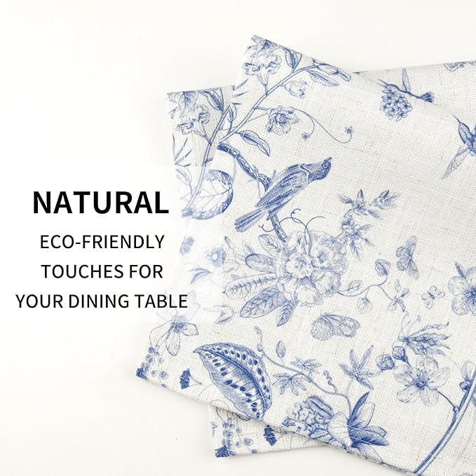 QIYI Boho Table Placemats Set of 4, 12"x18" Linen Place Mats, Blue Garden | Fabric Place Mats for Kitchen Dinning, Farmhouse Rustic Cloth Table Mats, Washable Placemat Party Table Décor