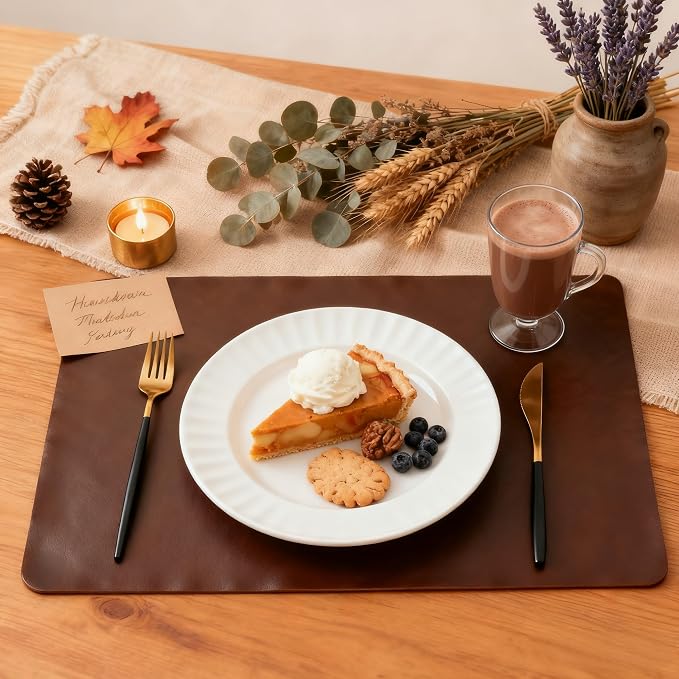 Placemats Set of 8, DOLOPL Reversible Dual-Color Faux Leather Place Mats 17"x11.8"– Waterproof, Heat Resistant, Washable & Wipeable, Luxury Retro Style for Kitchen, Dining Table (Dark Brown & Black