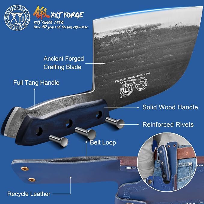 XYJ Ancient Forged Butcher Knives,7.5" Serbian Chef Knife With Sheath | Authentic Since 1986,,Tiny Knife,Chinese Vegetable Meat Cleaver For Kitchen Camping Outdoor,Full Tang,High Carbon Steel