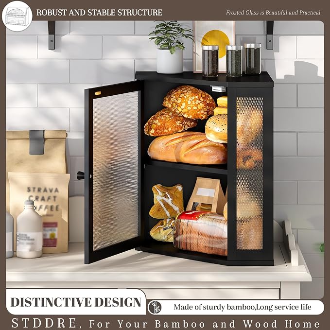STDDRE Corner Bread Box Kitchen Countertop Extra Large Capacity Farmhouse Bread Box, Corner Countertop Storage, Double Layer Bread Holder (Black, Extra Large)
