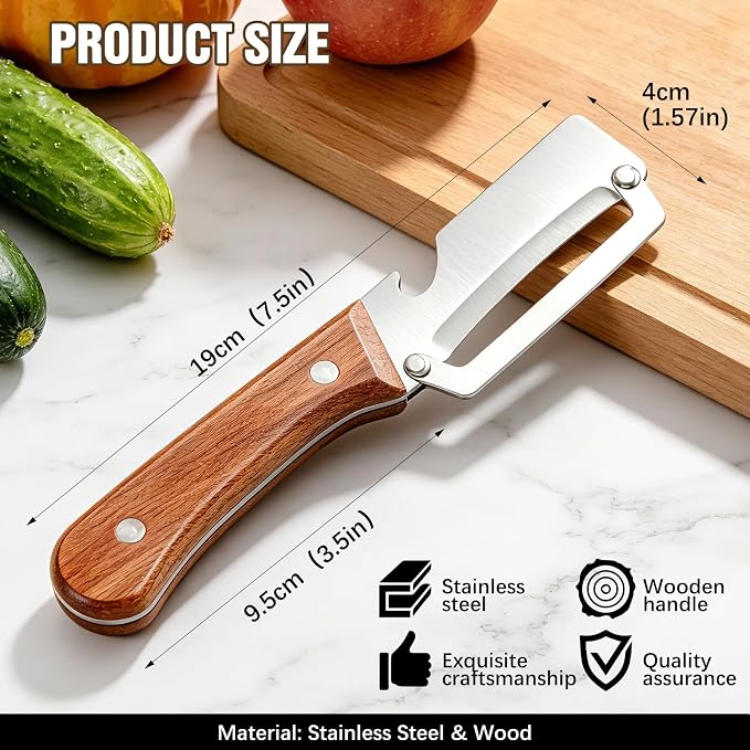 2-Pack Vegetable Peeler with Bottle Opener, Heavy-Duty Thick Stainless Steel Blade, Durable Kitchen Peeler with Wooden Handle for Potatoes, Carrots & Fruits