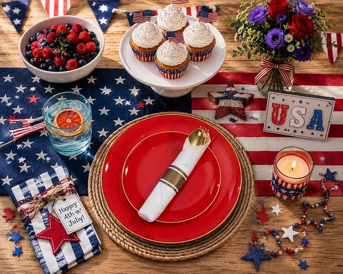 KIRE 350 PCS Red and Gold Plastic Plates - Plastic Dinnerware for Christmas | Include 100PCS Red Disposable Plates, 50PCSPre Rolled Napkins with Silverware&50PCS Cups for Party