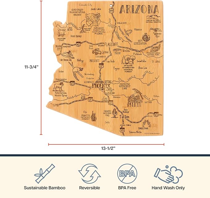 Totally Bamboo Destination Arizona State Shaped Cutting Board | State charcuterie serving board with engraved map artwork. Smooth reverse side for food prep. Hang tie for wall display.