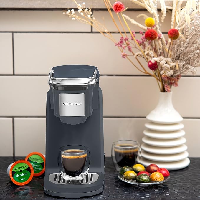 Mixpresso Single Serve Coffee Maker K Cup Coffee Maker for K Pods & Grounds | Compact 800W Gray Coffee Machine with 12 Oz Water Tank, Fast Brew & Auto Shut-Off, Small Design for Travel, Office, RV & Dorm
