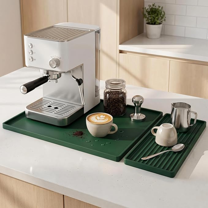 Silicone Coffee Mat 24 x 16 in with Tray, Deep Forest Green | Coffee bar mat for countertop use, coffee station mat or coffee machine mat with removable tray and 0.47 in raised rim.