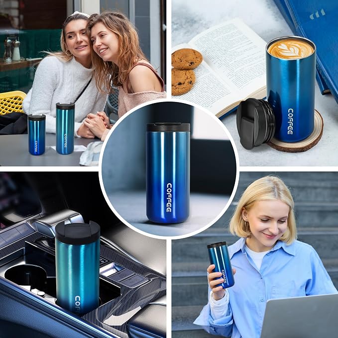 Insulated Coffee Mug 14oz,Travel Coffee Tumbler,Vacuum Insulated Coffee Mug with Leak Proof Screw Lid Coffee Cup for Men and Women for Hot & Cold Drinks, 400ml, Gradient blue