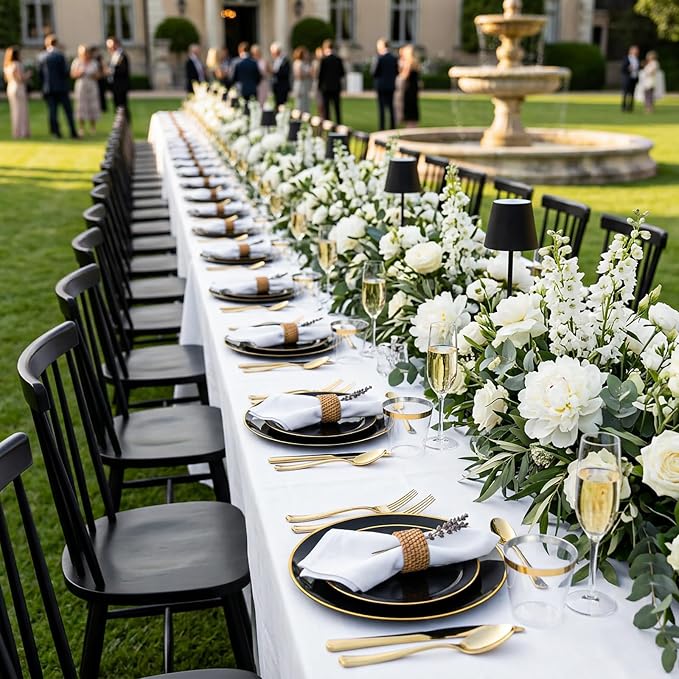 KIRE 350 PCS Black and Gold Plastic Plates - Plastic Dinnerware for Wedding | Include 100PCS Black Disposable Plates, 50PCSPre Rolled Napkins with Silverware & 50PCS Cups for Party/Halloween/New Year