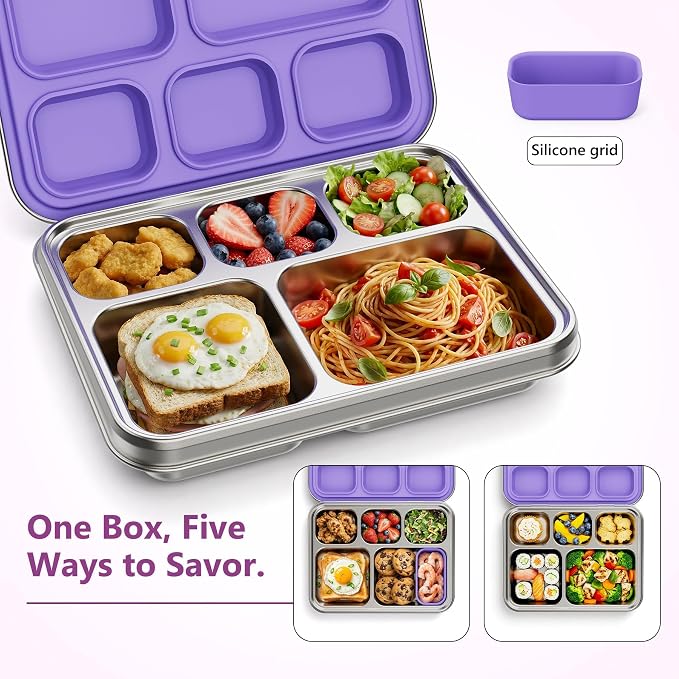 Pawtong Stainless Steel Lunch Box, 5-Compartment Bento Lunch Box for Kids & Adults,Metal Lunch Box with Removable Silicone Container, Lunch Box Containers for School,Office(Purple)