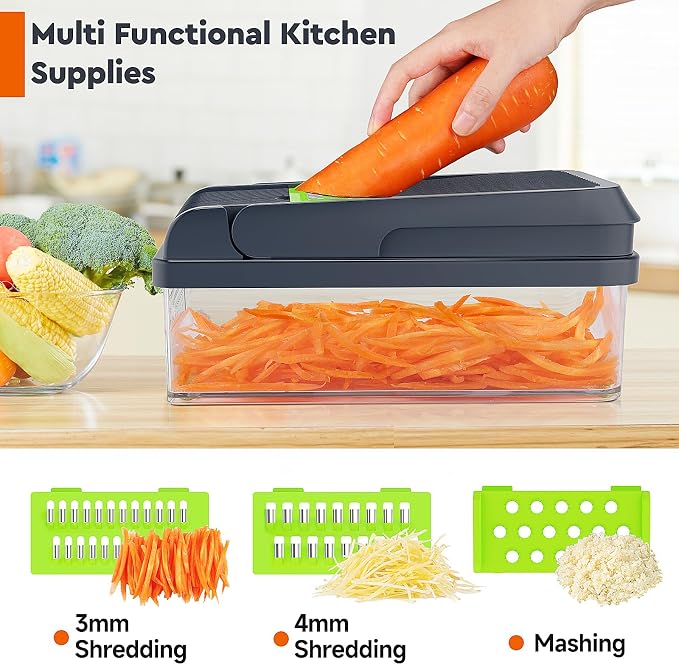 MealHelper 12-in-1 Vegetable Chopper, Food Veggie Chopper With Container | Kitchen Prep Tool, Cheese Grater, Home Essentials & Kitchen Gadgets, with Sharp Stainless Steel Blades(7 Blades, Green)