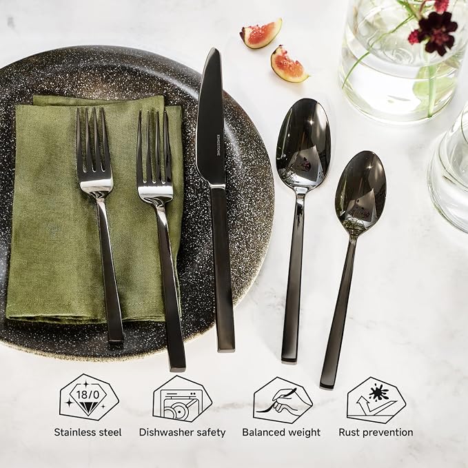 Black Silverware Set for 6, 30 Piece Flatware Set, Stainless Steel | Square Handles, Mirror Polished, Dishwasher Safe, Sturdy, for Home Kitchen, Weddings, Parties & Housewarming