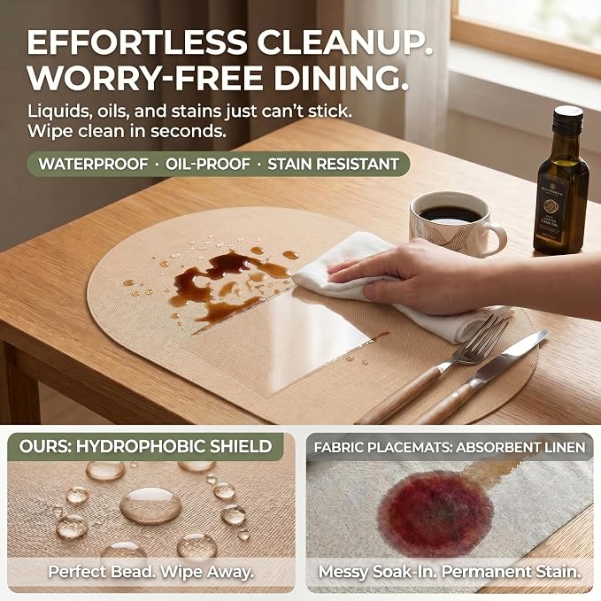Faux Leather Placemats Set of 6, Wipeable Waterproof Stain Resistant Table Mats, Heat Resistant Thick Placemats with Hand-Painted Edges for Kitchen Dining, Imitative Linen Texture, Various Shapes
