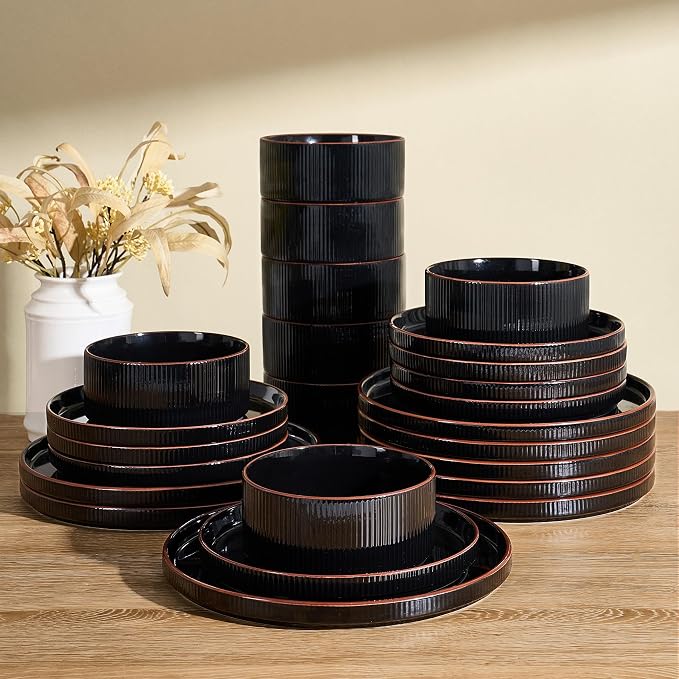 Line Porcelain Dinnerware Set, dish set for 8, Black | Premium dinnerware set, chip-resistant & durable. Safe for dishwasher, microwave, oven. For daily meals to festive feasts