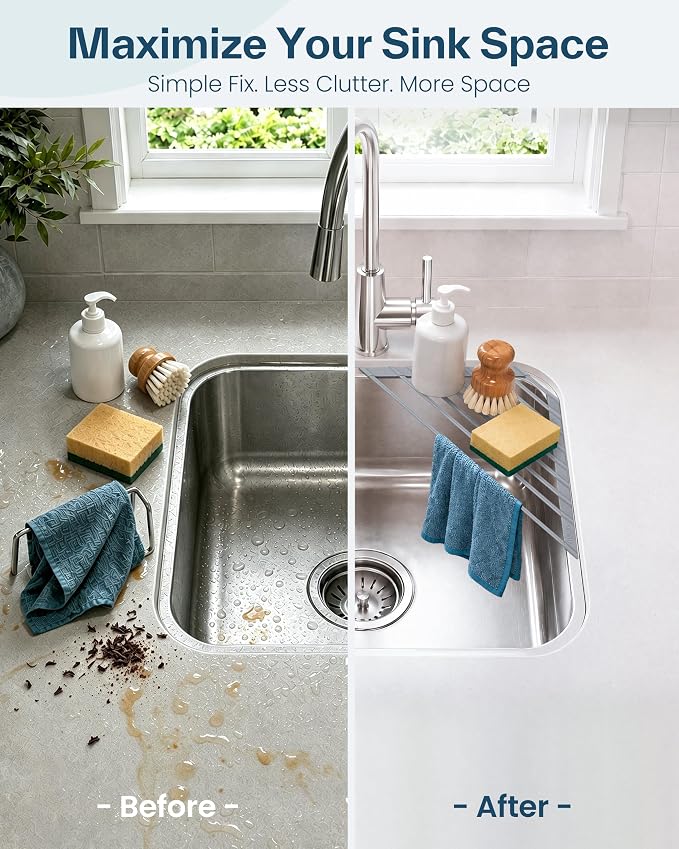 Ohuhu Triangle Roll Up Dish Drying Rack, Silicone Wrapped Steel Anti-Slip Sink Corner Rack Caddy Multipurpose Strainer for Kitchen Sink Trivet Space-Saving