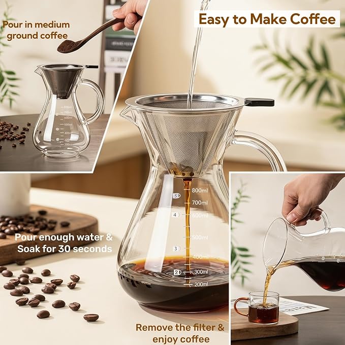 Pour Over Coffee Maker Set with Reusable Stainless Filter 27 fl oz, Heat-Resistant Borosilicate Glass Paperless Pour Over Coffee Dripper with coaster for Home Daily coffee