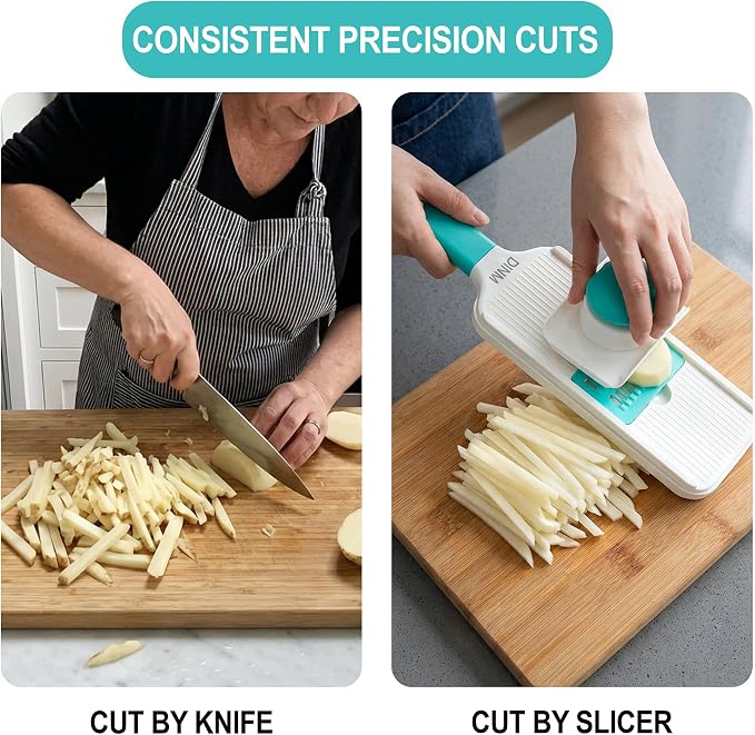 DINM Handheld Mandoline Slicer for Kitchen – Stainless Steel Vegetable Slicer with 3 Interchangeable Blades, Safety Food Holder, Potato, Cucumber & Carrot Cutter