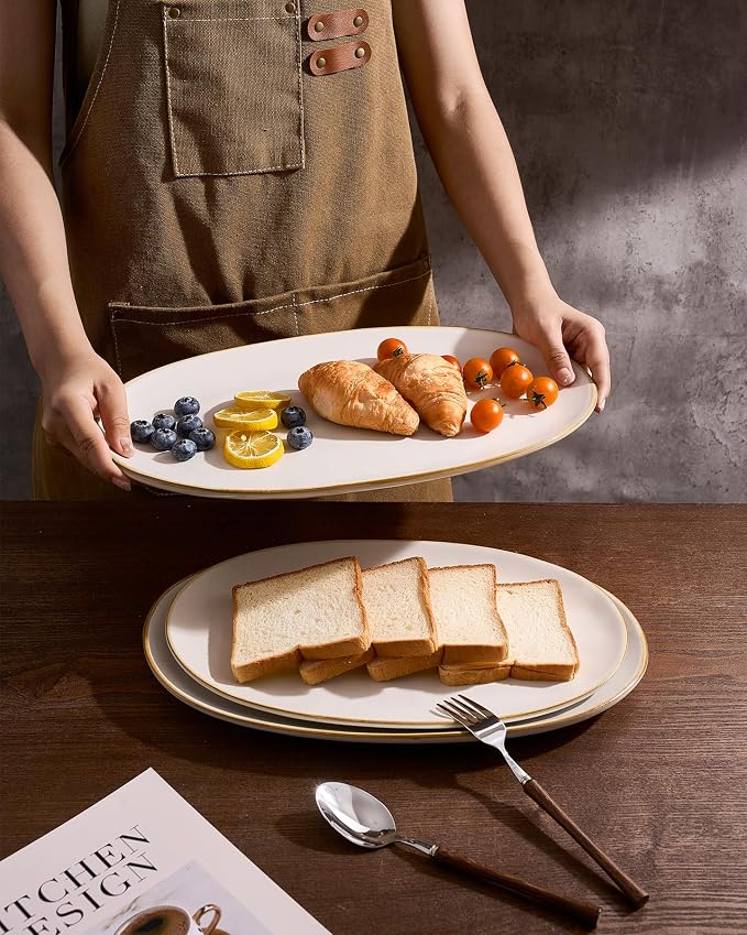 famiware Serving Platters Set of 3 Sizes - Oval, Matte White | 15.59"/14.3"/12.9" Fine Stoneware Serving Trays for Party, Entertaining for Food, Turkey, Cheese, Microwave Dishwasher Safe