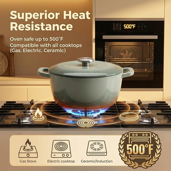5QT Enameled Cast Iron Dutch Oven,Concave Self-Basting Lid,Green | Versatile,heavy-duty Large Dutch oven,PFAS-free,oven safe to 500°F,sourdough,braising/stews/roasting,Housewarming Gift(Jade)
