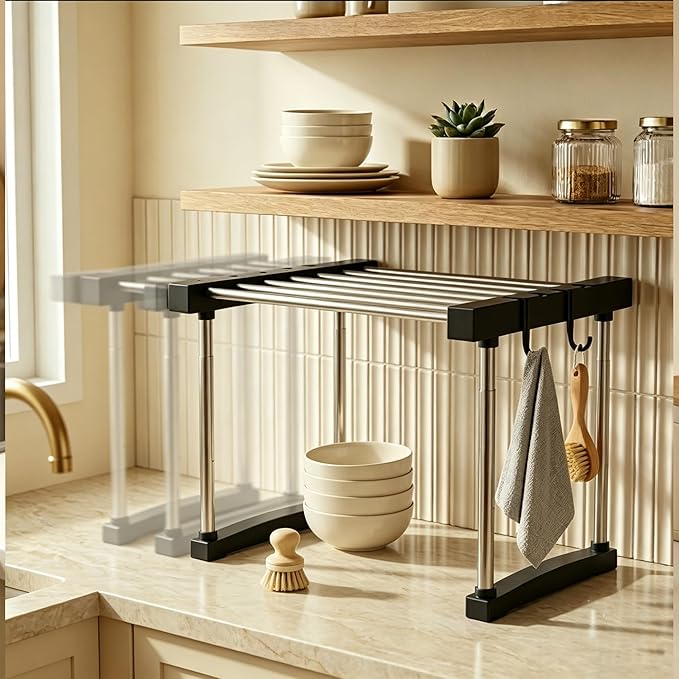 BLULEE Expandable Under Sink Organizer, No-Drill Adjustable Shelf | Custom fit around pipes cabinet rack for bathroom vanity and kitchen pantry, supporting heavy laundry supplies.