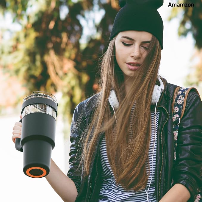 asobu Extra Large Travel Explorer Tumbler for Hot and Cold with Stainless Steel Removable Coffee Mug Sleeve - Straw and Flip Open Sip Spout, 34 oz / 25 oz (Black)