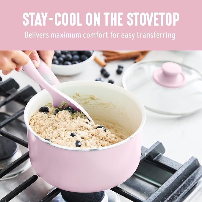 GreenLife 2.5QT Ceramic Nonstick Saucepan with Glass Lid, Pink | PFAS-Free Nonstick Coating, Multipurpose Cooking Pot, Milk Pan, Soup Pot, Stay-Cool Handle, Dishwasher & Oven Safe up to 350F
