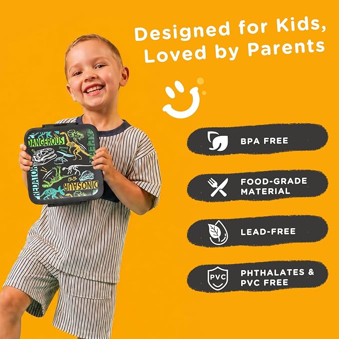 JXXM Bento Lunch Box for Kids With 8oz Soup thermo,Leak-proof Lunch Containers with 5 Compartment,thermo Food Jar and Lunch Bag, Food Containers for School (A-Black(Dinosaur Fossil))