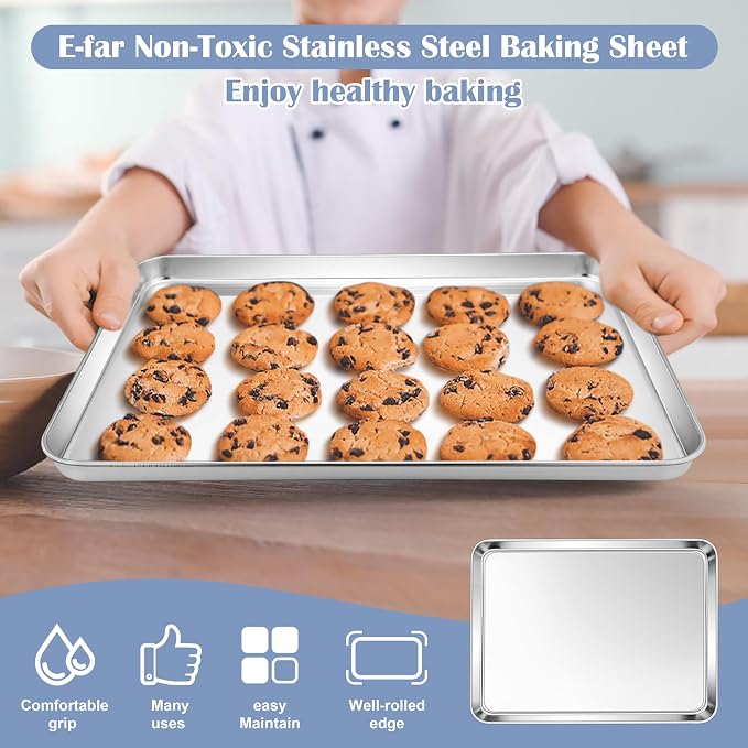E-far Stainless Steel Baking Sheet Set, 12.4” x9.7” x 1” Cookie Sheet | Non-toxic Metal Toaster Oven Tray for Oven Baking Cake Cookie, Healthy & Rust Free, Mirror Finish & Dishwasher Safe