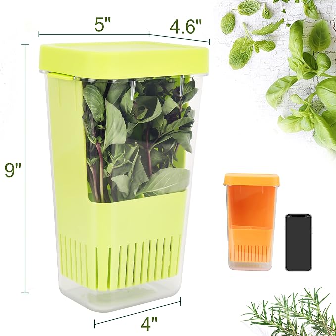 LUVCOSY Fresh Herb Keeper for Refrigerator, Clear BPA-Free Herb Saver, Storage Container for Cilantro, Parsley, Thyme, Mint & Asparagus, Preserver Keeps Fresh Herbs for 3 Times Longer, Green & Orange