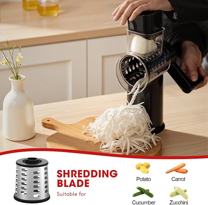 Rotary Cheese Grater Hand Crank with Foldable Handle, Three Blades | Perfect Graters for Kitchen, Fresh Cheese, Vegetables, Nuts, Shredder Hand Crank with Suction Base, Rotary Grader