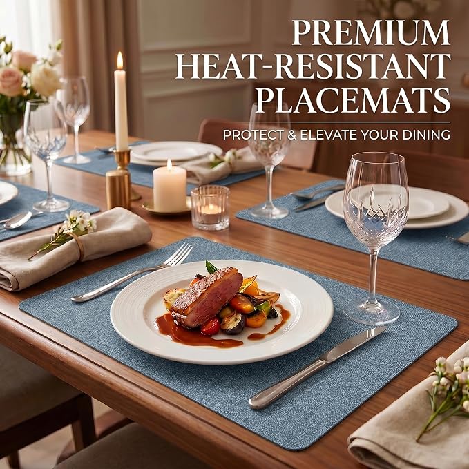 Faux Leather Placemats Set of 6, Wipeable Waterproof Stain Resistant Table Mats, Heat Resistant Thick Placemats with Hand-Painted Edges for Kitchen Dining, Imitative Linen Texture, Various Shapes