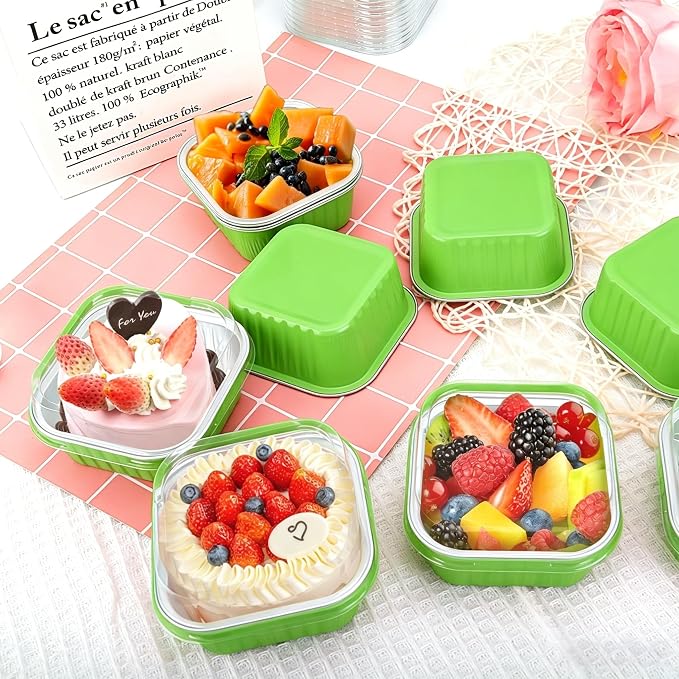 30Pack 5oz Green Mini Cake Pans with Lids Baking Cups Aluminum Foil Pans Tins, Individual Dessert Cups Containers for Sales,Party,Picnics