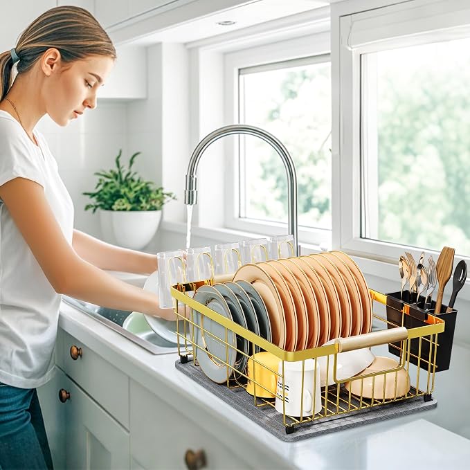 Dish Drying Rack Gold with Diatomaceous Earth No Installation Required | Save Space
