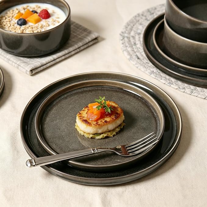Dinnerware Sets for 4, 12 pcs Reactive Glaze Plates and Bowls Sets, Black | Large Size Modern Stoneware Dishes, Chip & Scratch Resistant, Dishwasher and Microwave Safe Tableware, Glossy