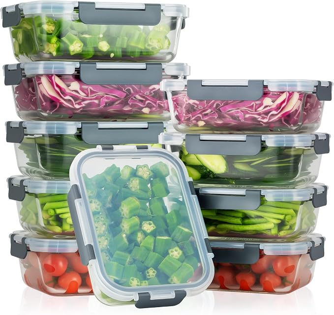 10-Pack Glass Food Storage Container with Lids, Gray | Glass Meal Prep Containers with Lids, Airtight Lunch Bento Boxes,Microwave, Oven, Freezer and Dishwasher Friendly, BPA Free