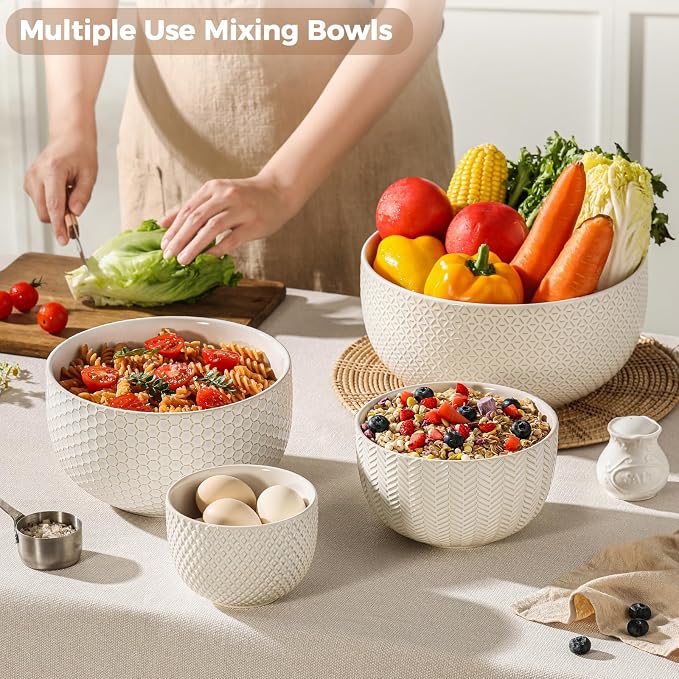 Ceramic Mixing Bowls Set of 4, Nesting Bowls for Kitchen | Large Embossed Serving Bowls for Mixing, Prep, Baking, Salad, Soup & Pasta, Microwave Dishwasher Safe