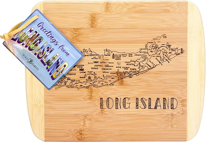 Totally Bamboo A Slice of Life Long Island Engraved Map Cutting Board | 11" x 8.75" charcuterie board with engraved map artwork. Smooth reverse side for food prep. Hang tie for wall display.