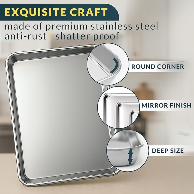 Stainless Steel Cookie Sheet Set of 3, 9/12/16" Baking Sheet Pans | Baking Set of 3, Mirror Finish, Non-Stick, Rust Resistant, BPA Free, Dishwasher Safe, 9/12/16"